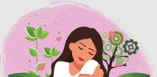 A woman hugs herself