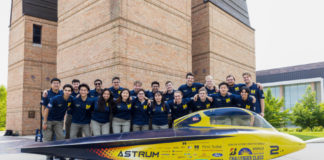 U-M Solar Car Team poses with their vehicle "Astrum"