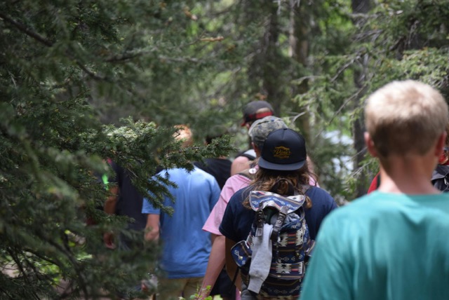 A group of people hiking through the woods.