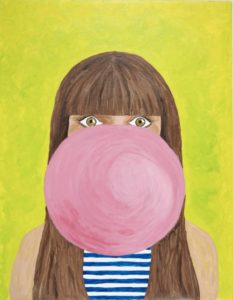 A painting of a lady blowing a bubble.