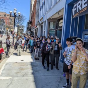 A group of people waiting in line.