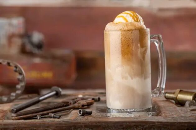 A tall mug with a whipped like substance foaming at the top with caramel drizzle.