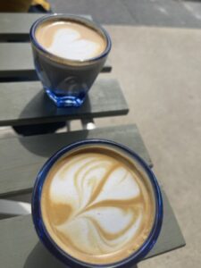 6.) Double cortados atop outdoor sidewalk table at Q Bake House.