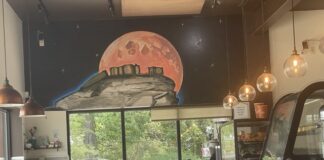 A coffee shop with a mural on the wall.