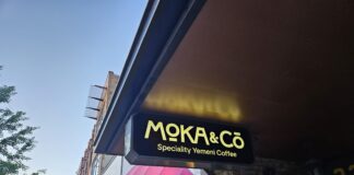 Sign lit in downtown district