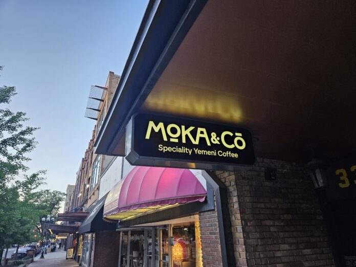 Sign lit in downtown district
