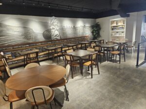 Lights on tables and chairs in cafe