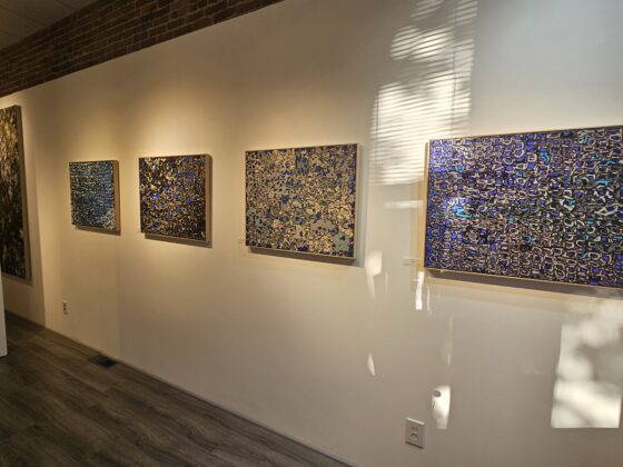 series of abstract paintings on wall