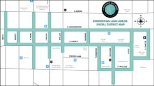 Map with blue lines indicating social district