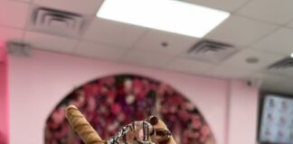 Chimney cake against pink background