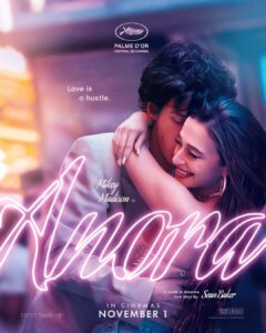 Movie poster with pink neon letters and happy couple