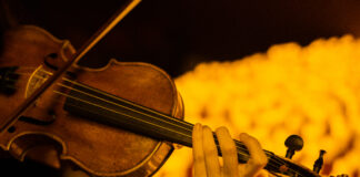 violin player arms surrounded by candles