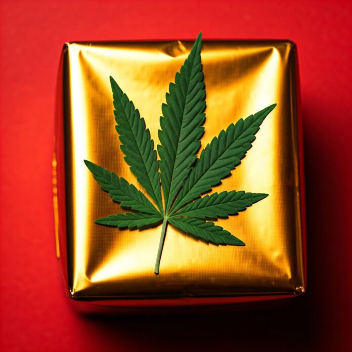 Cannabis on gold wrapped gift