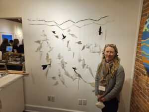 Valerie Mann with her birds at the WSG's 14+14 show
