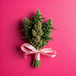 cannabis flower bouquet with pink ribbon