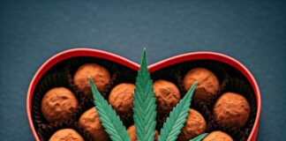box of heart shaped chocolates with marijuana leaf on it