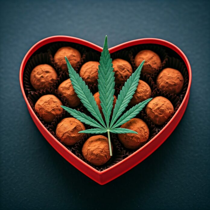 box of heart shaped chocolates with marijuana leaf on it