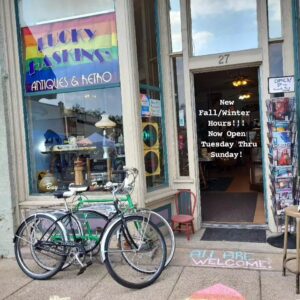 Exterior of vintage store with bike out front. 