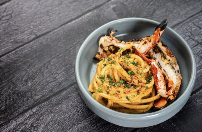 Pasta on gray wood table