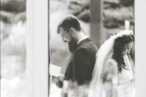 Bride and groom in black and white