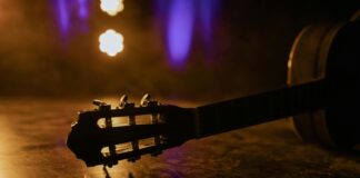 Up close of guitar on stage