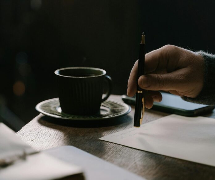 writer with coffee and pen