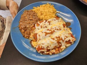 Borimex's enchilada dinner. Photo by Drew Saunders.