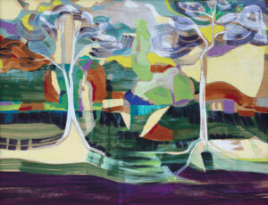 A flowing, expressive abstract painting of two trees primarily in browns, greens, and blues.