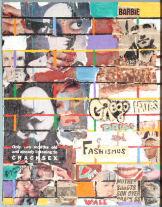 Mixed media collage artwork, titled Faschismus. The title is German and translates to fascism in English revealing the highly political nature of the piece. One phrase reads, "Grego hates drugs and faschismus" and two other phrases appear to be from publication headlines. One reads "Mother Shoots Son Over Crack $" and another, "Only two months old and already listening to cracksex." Images of faces, including George H.W. Bush, Madonna, and Andy Warhol, can be seen throughout and rectangles that are layered like bricks in a wall, remind the viewer of Doğan&ccedil;ay's inspiration.