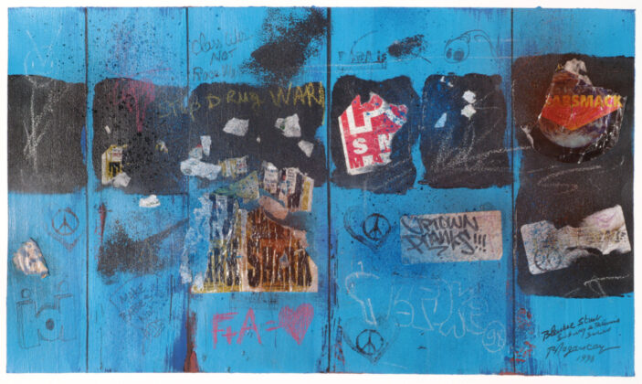 Marsmack by Dogancay looks like blue slatboard walls with graffiti and remains of posted flyers. Words include stop drug wars, class war not race war, uptown pranks, make babies