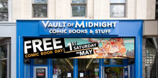 Vault of Midnight's Ann Arbor location with its Free Comic Book Day banner. Photo taken by Curtis Sullivan.