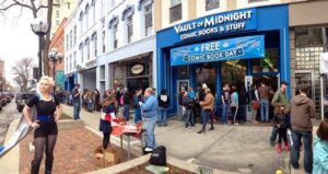 The line for a typical Vault of Midnight's Free Comic Book Day. Photo taken by Curtis Sullivan.
