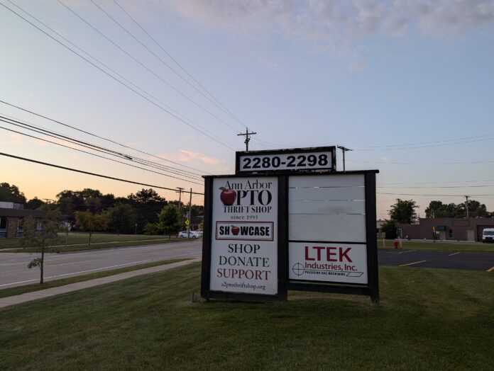 Outdoor sign of Ann Arbor PTO Thrift on S. Industrial Ave.