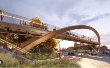 A rendering of what the pedestrian bridge on the northern part of The Treeline project might look like, designed by INFORM Studio. Image credit: the INFORM Studio Instagram account.