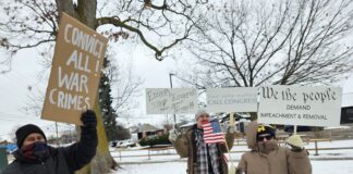 Protestors in Ann Arbor against the Trump Administration's attack on Caracas. Photo by Drew Saunders.