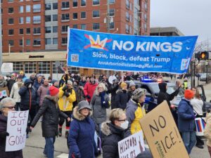 No Kings sign on January 10. Photo by Drew Saunders.