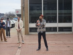 Yousef Rabhi addressing the crowd protesting against the activities of ICE on March 15. Photo by Drew Saunders