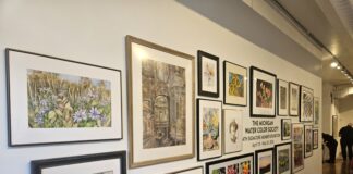 Paintings in the Michigan Watercolor Society Signature Show at the A2AC, at the opening on April 17. Photo by Drew Saunders.
