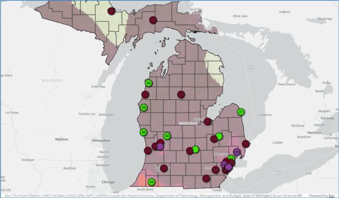Nearly all of the Lower Peninsula experienced hazardous air quality due to wildfires in Minnesota and Ontario, July 16. Image credit: EGLE's MiAir dashboard.
